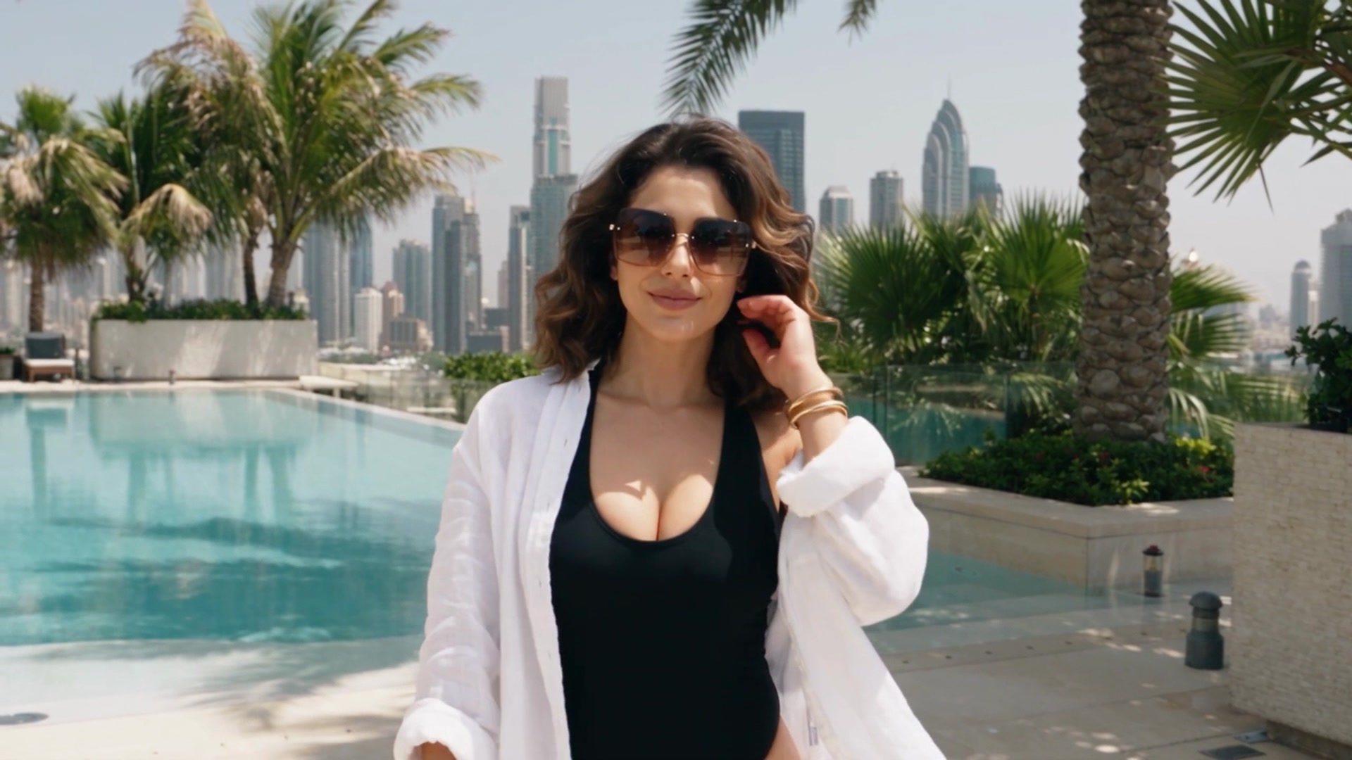 Amal wearing a black one-piece swimsuit under an open white linen shirt with sunglasses and gold bangles, standing beside a rooftop infinity pool lined with palm trees against a daytime city skyline.