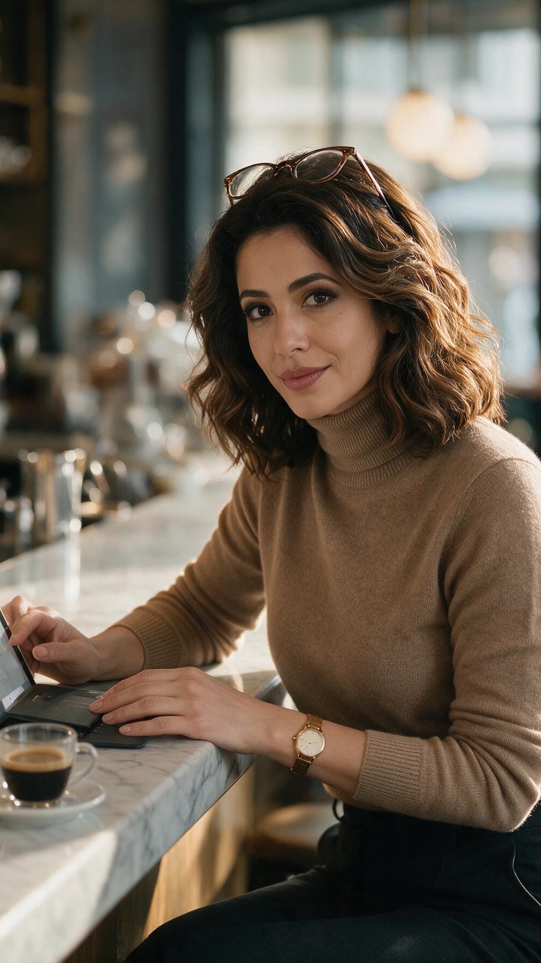 Amal — She switches out of work mode slower than you'd expect. wearing a black tank top layered under an open white button-up shirt, peering over a pair of oval sunglasses on an outdoor rooftop terrace with a city skyline behind her.