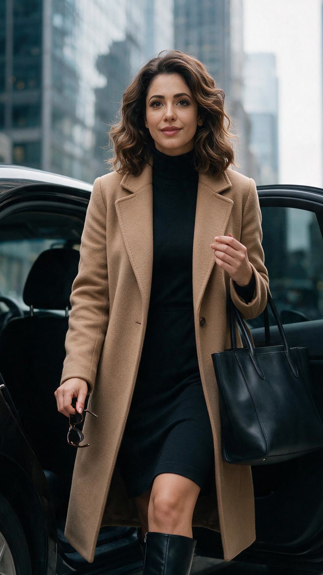 Amal — The version of Amal that never makes it into a meeting. wearing a black high-neck cropped top and matching leggings, standing in a marble bathroom with hands raised behind her neck and head tilted back.