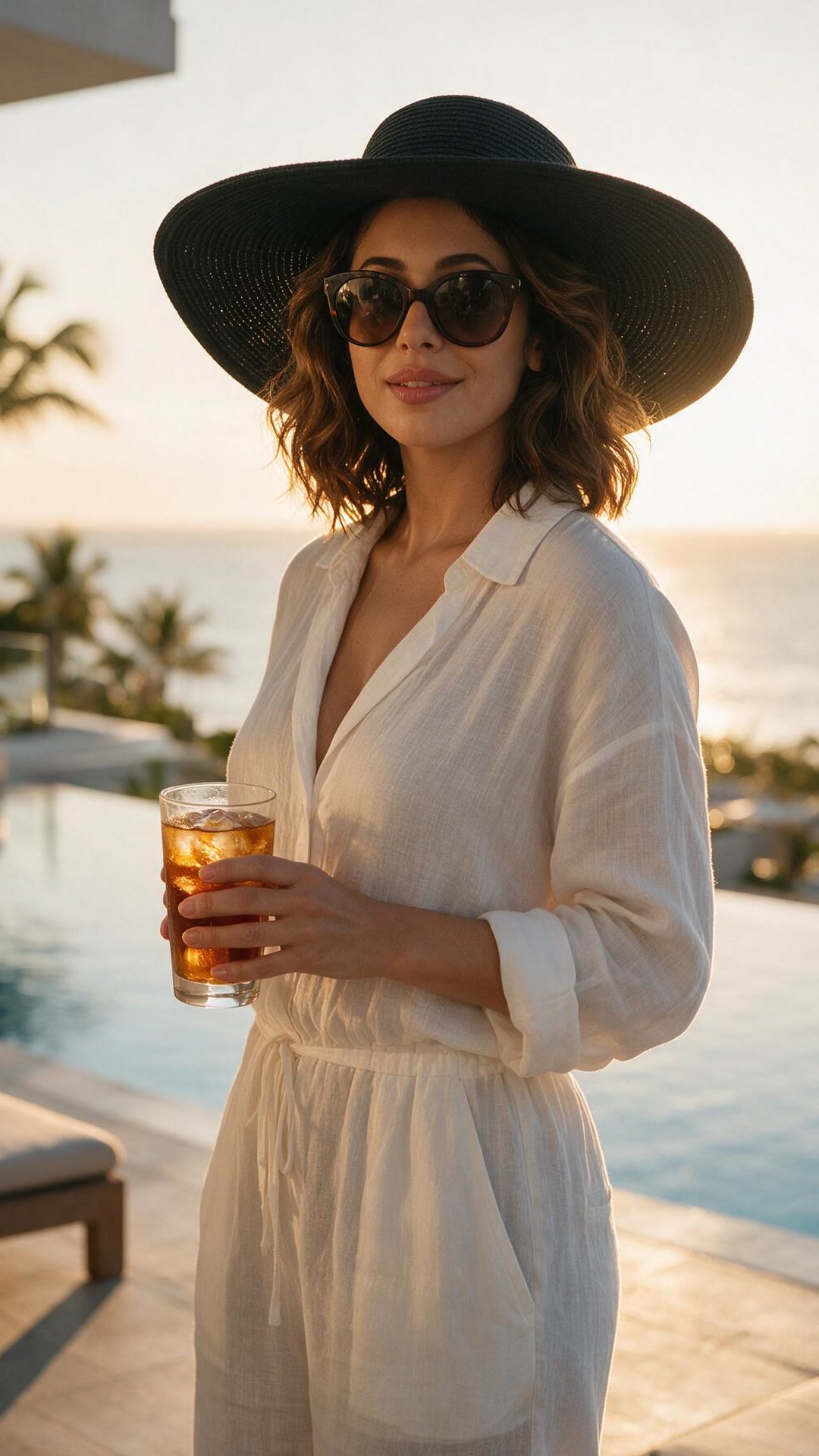 Amal wearing a wide-brimmed black sun hat, dark sunglasses, and a loose cream linen shirt and pants set, holding an iced drink poolside with palm trees and the ocean in the background.