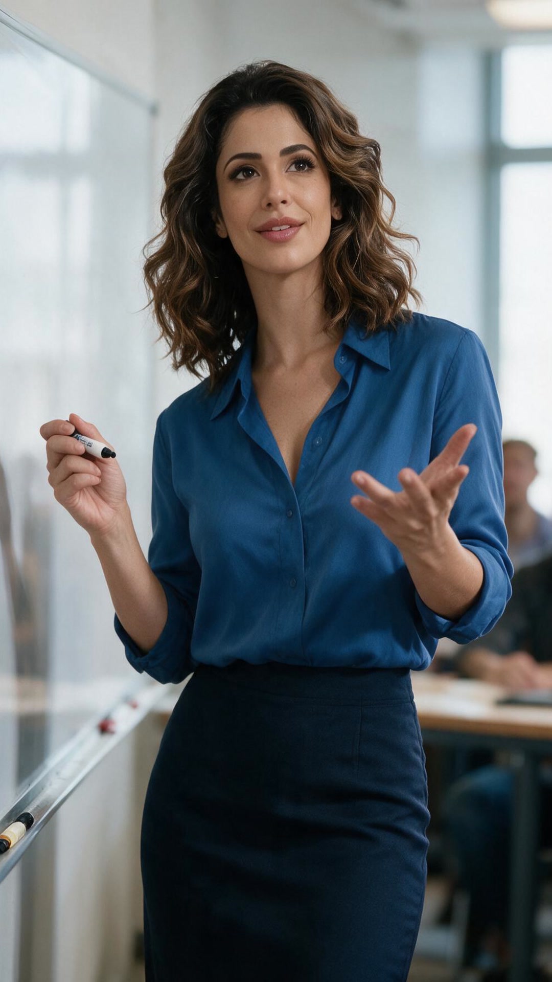 Amal wearing a blue button-up blouse and a navy pencil skirt, standing at a whiteboard holding a marker with her other hand raised while speaking in an office setting.