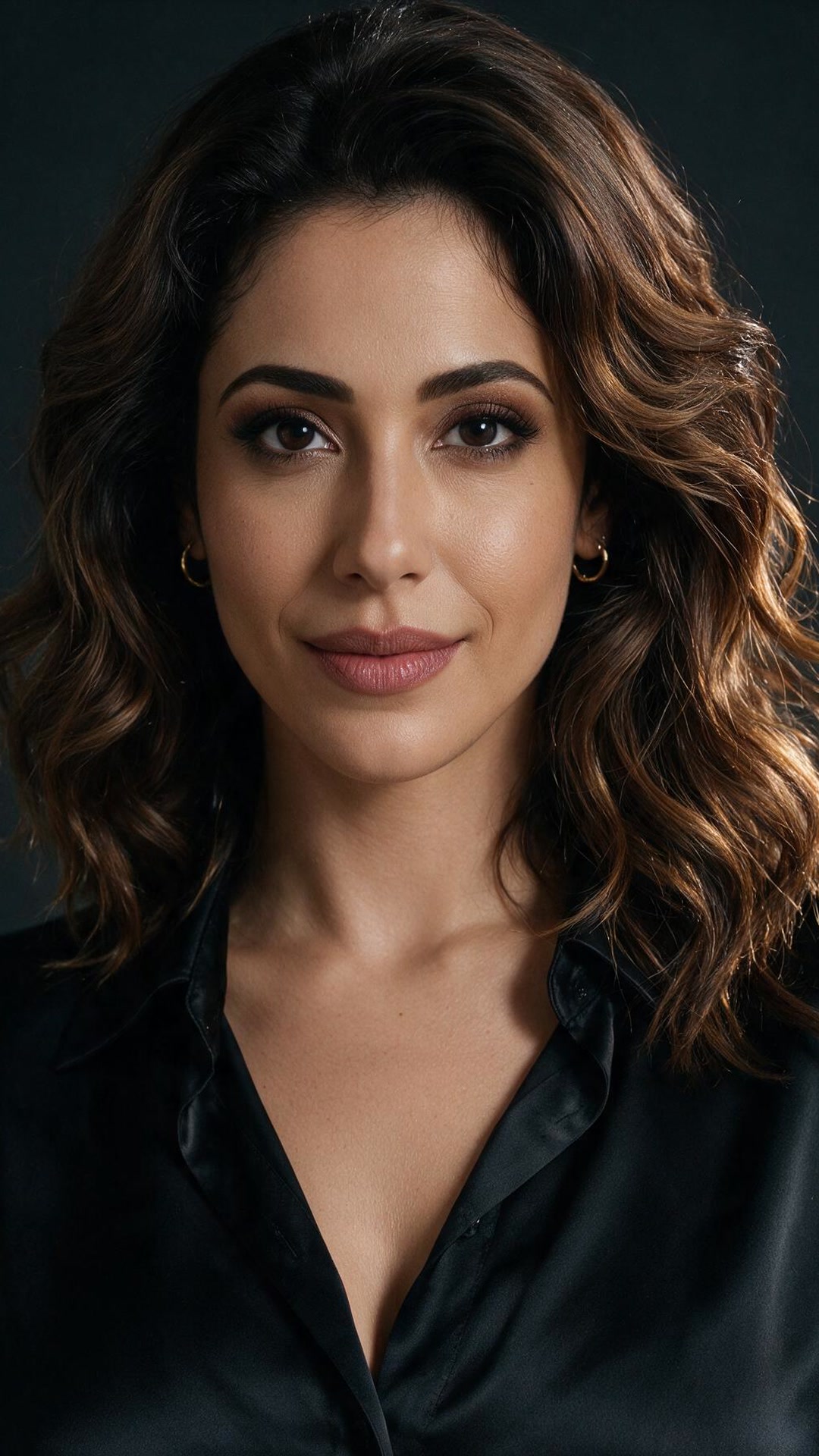 Amal in a close-up portrait, wearing a black satin button-up top and small gold hoop earrings, against a dark background.