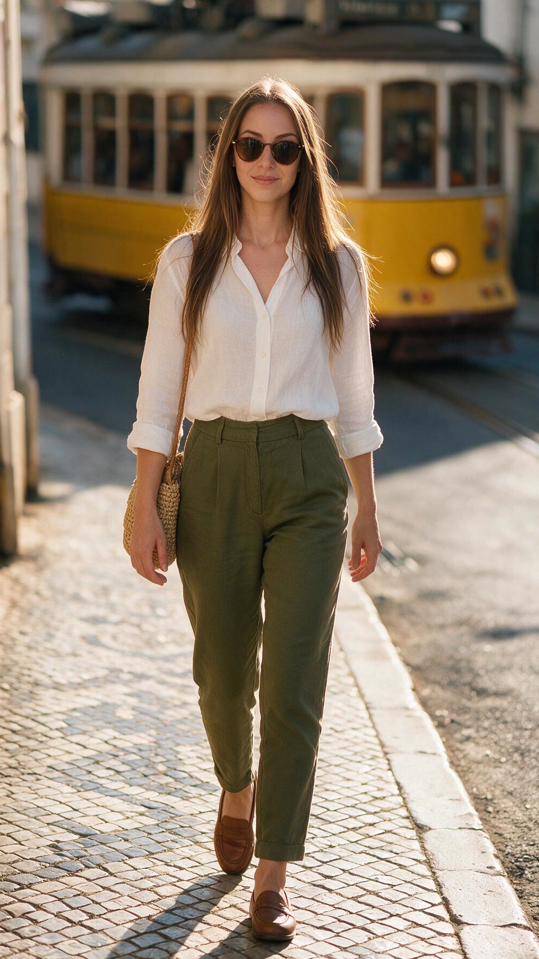 Amina — The city can wait — she's not going anywhere yet. wearing an olive green ribbed sports bra and matching high-waisted leggings, standing in a gym with racked dumbbells in the background, arms lowered at her sides after a workout.