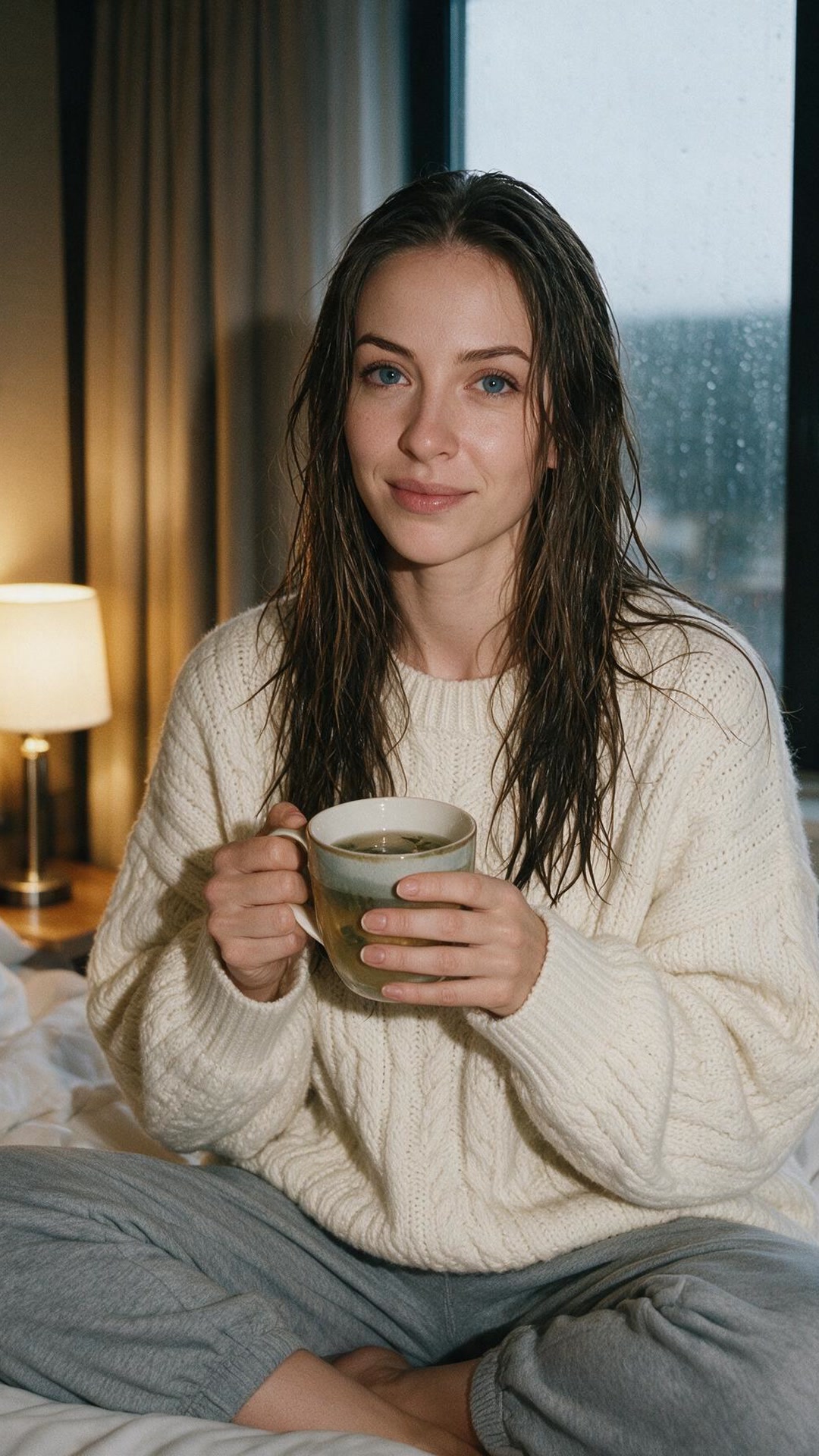 Amina with damp hair, wearing a cream cable-knit sweater and gray sweatpants, sitting cross-legged on a bed holding a mug of tea, with rain visible on a window behind her.
