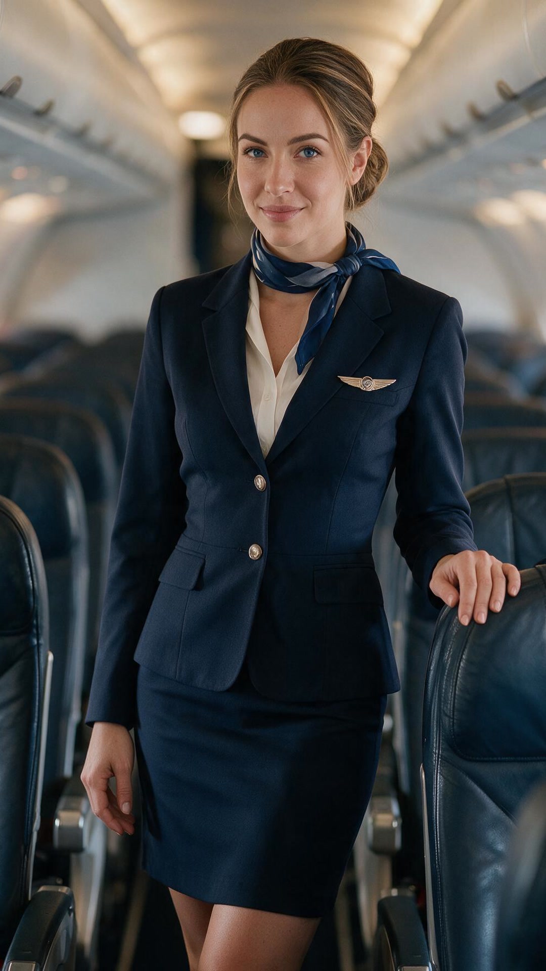 Amina wearing a navy blazer and pencil skirt uniform with a white blouse, striped neck scarf, and a wing-shaped pin, standing in the aisle of an airplane cabin with one hand resting on a seat back.