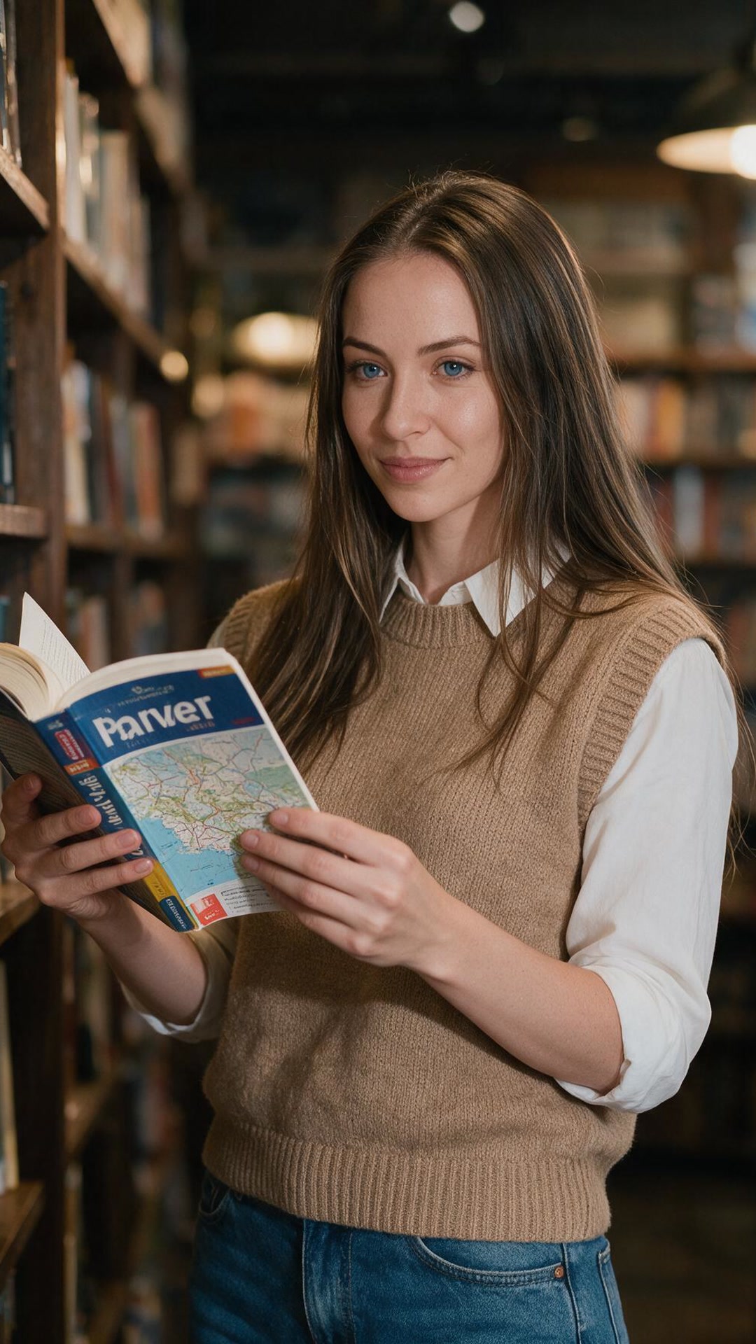 Amina wearing a tan sweater vest over a white collared shirt and blue jeans, standing in a bookstore holding an open travel guidebook with a map visible on its pages.