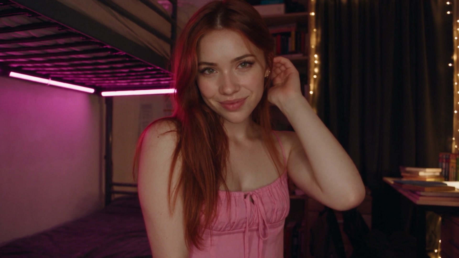 Elena in a close-up shot, wearing a pink spaghetti-strap top, standing in a bedroom lit with pink neon lighting, curtain string lights, and bookshelves in the background, smiling with one hand brushing back her hair.