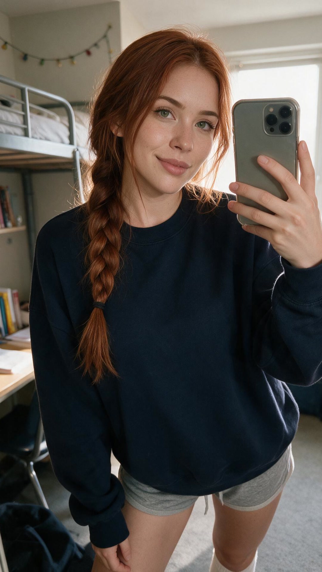 Elena — Textbooks closed. Door locked. Class can wait. wearing a ribbed pink cami dress, standing in a bedroom lit with pink string lights, hands lifting her hair up behind her head.