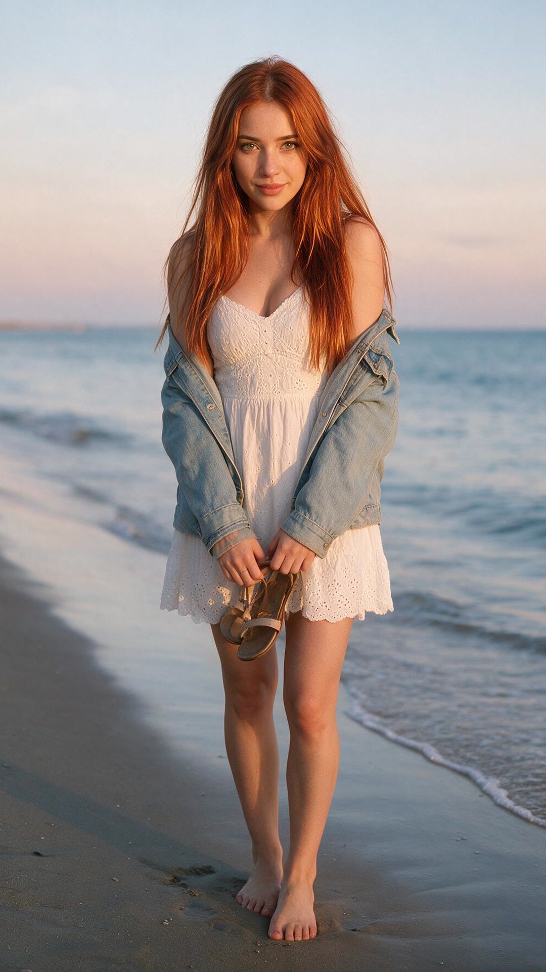 Elena wearing a white lace sundress and an open denim jacket, barefoot and holding a pair of sandals, walking along the shoreline at a beach during sunset.