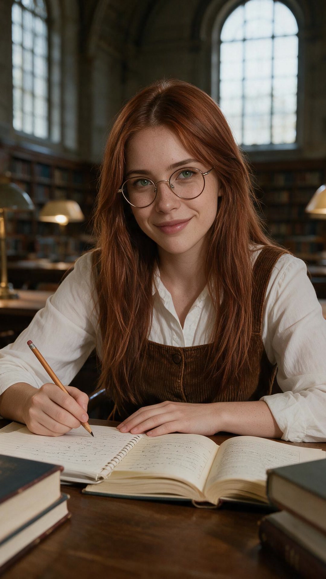 Elena wearing round wire-frame glasses, a white button-down shirt, and a brown corduroy pinafore, sitting at a wooden table writing in a notebook surrounded by books in a large library hall with arched windows.