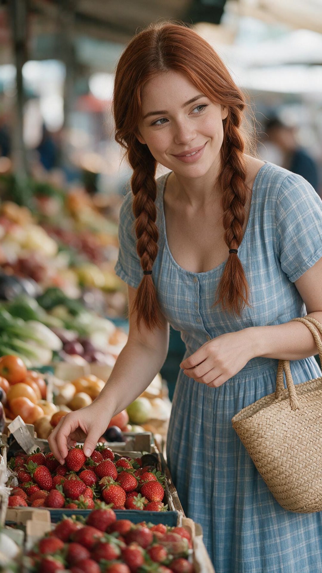Elena wearing a blue plaid short-sleeve dress with a woven straw handbag, standing at an outdoor market stall picking strawberries from crates surrounded by fresh produce.