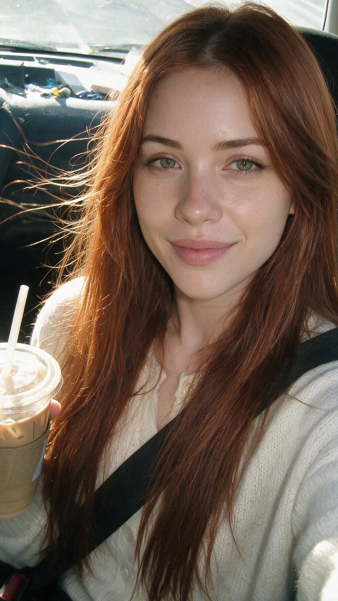 Elena — iced coffee before the drive, receipts everywhere, don't look at the dashboard