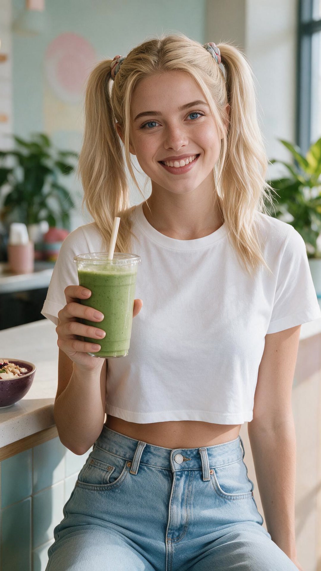 Emely — She pushes just as hard once the gym closes. wearing a coral sports bra and lowering a pair of sunglasses with one hand, standing outdoors on a sandy beach volleyball court with a net and ocean visible behind her.