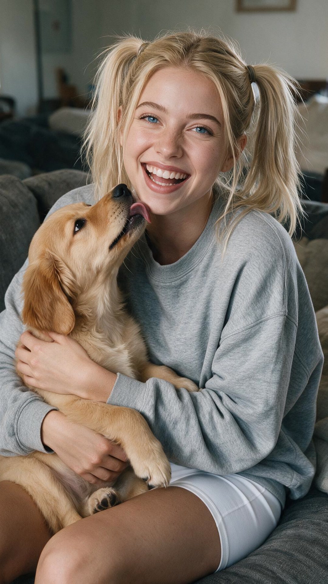 Emely wearing a gray oversized sweatshirt and white shorts, sitting on a couch indoors holding a golden retriever puppy that is licking her chin.
