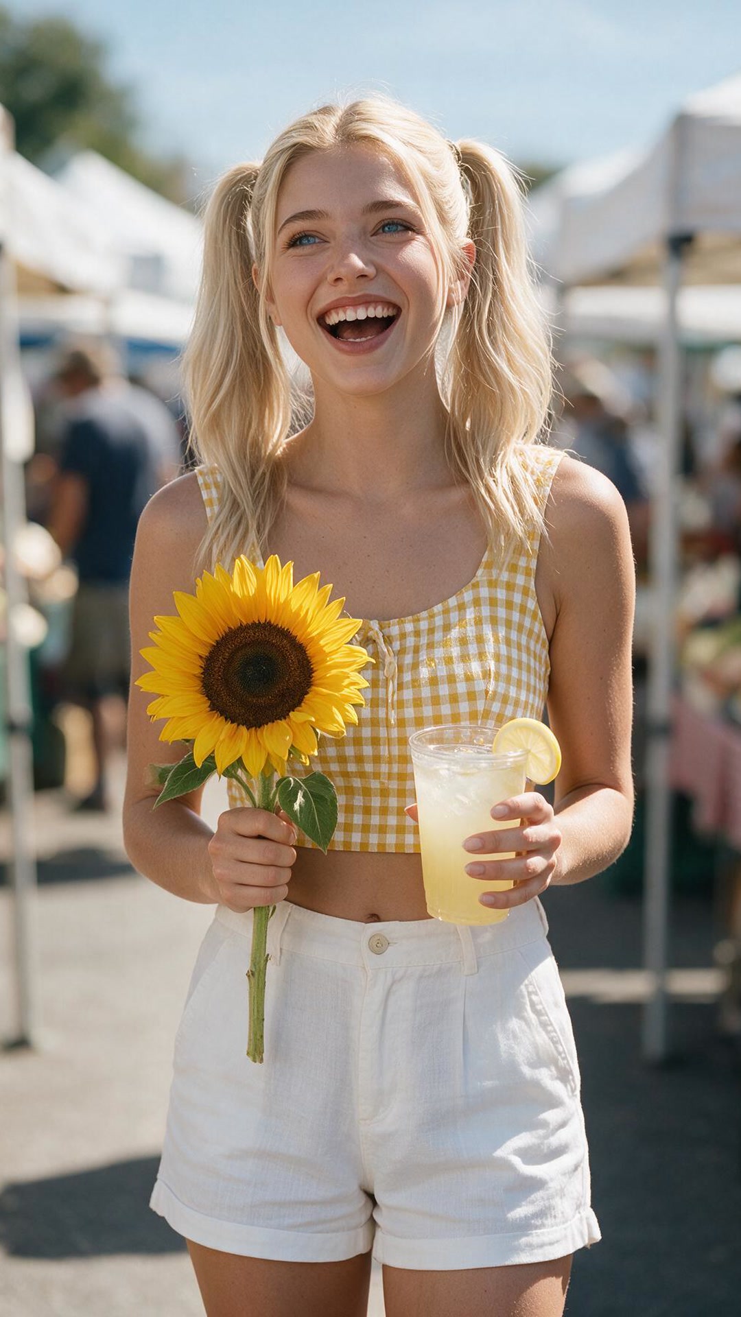 Emely wearing a yellow and white checkered cropped top and white shorts, standing at an outdoor market lined with white tents, holding a sunflower and a cup of lemonade while laughing.