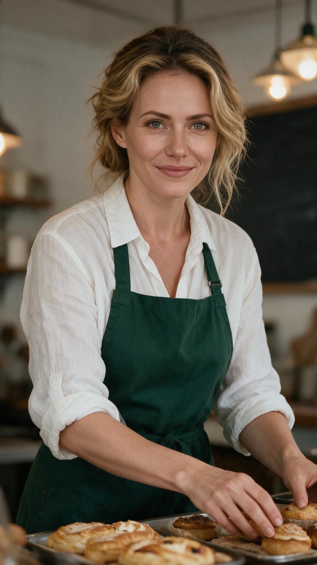 Jade — The apron comes off first. Everything else takes longer. wearing a white bikini top under an open white linen shirt, a woven straw sun hat, and sunglasses pulled partway down, standing outdoors near a lake with pine trees and a dock in the background.