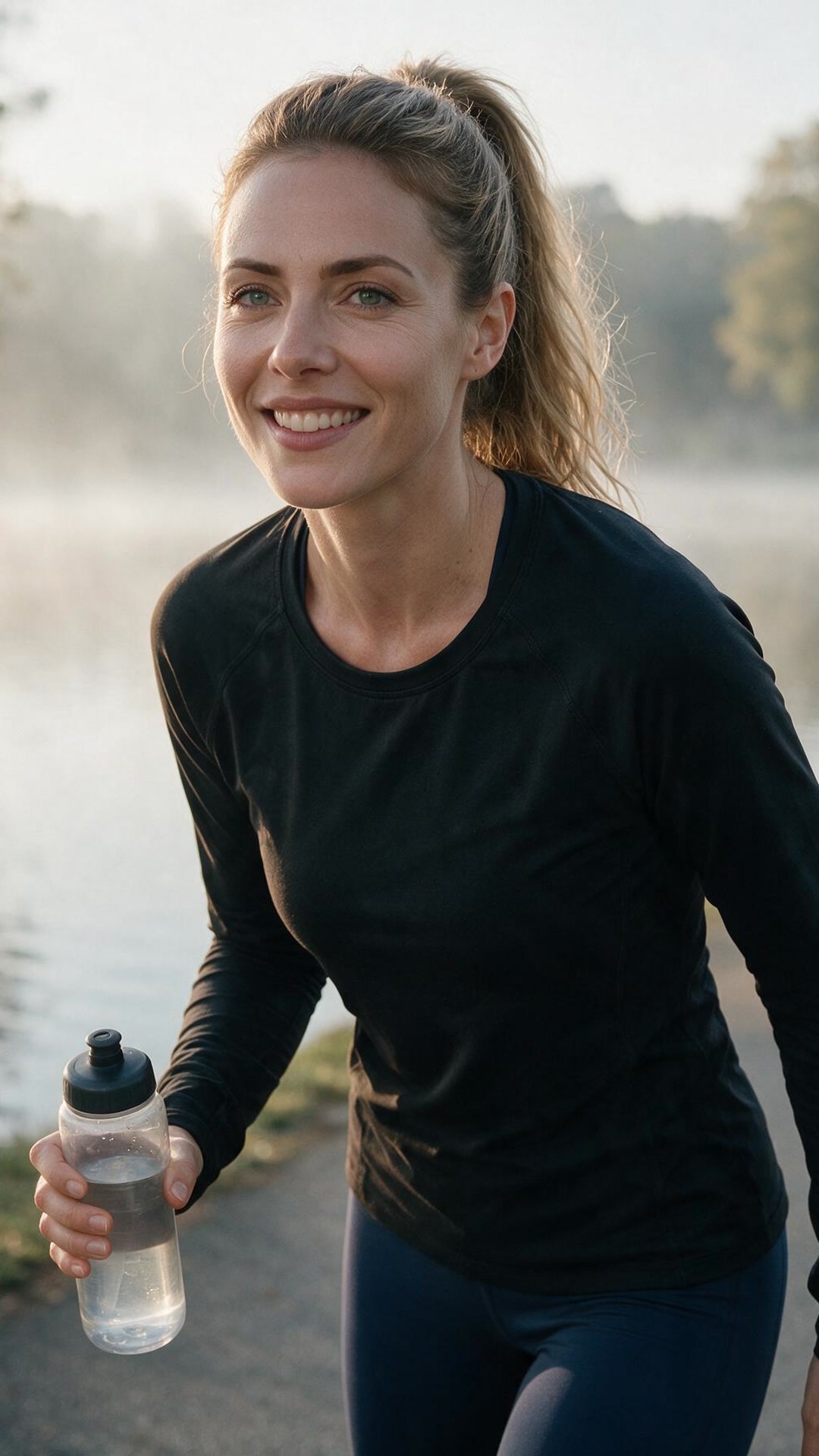 Jade wearing a black long-sleeve athletic top and dark leggings, holding a water bottle, jogging outdoors along a misty lakeside path with her hair in a ponytail.