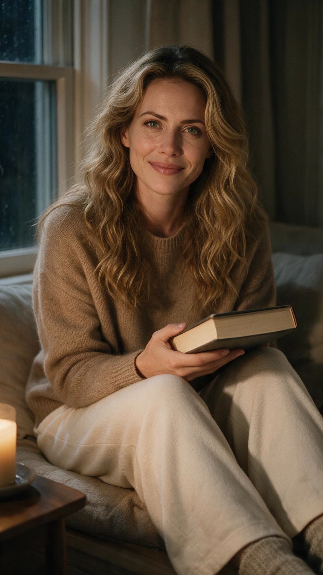 Jade wearing a tan knit sweater and cream sweatpants, sitting cross-legged on a couch holding a closed hardcover book, beside a lit candle near a window at night.
