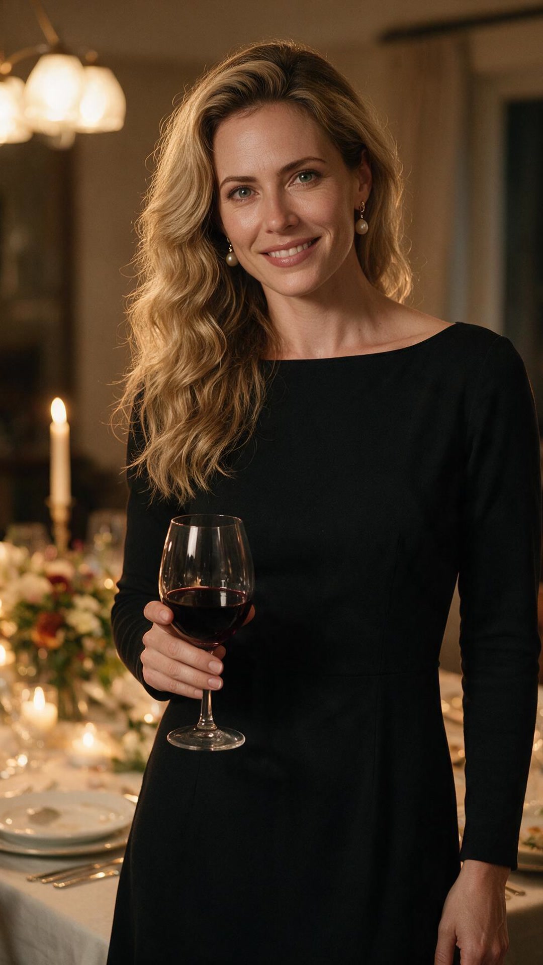 Jade wearing a black long-sleeve boat-neck dress and pearl drop earrings, holding a glass of red wine while standing at a candlelit dinner table set with flowers and place settings.
