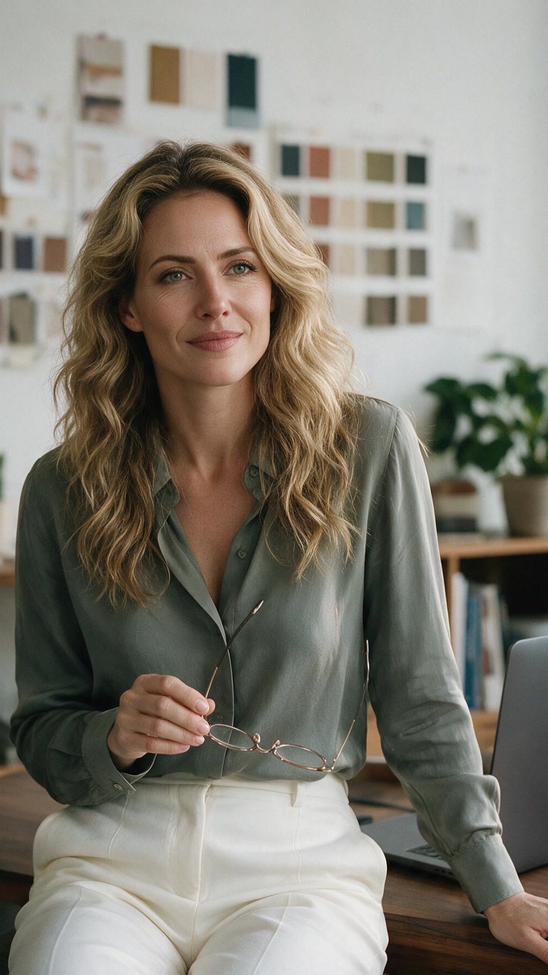 Jade wearing an olive green button-down blouse and cream trousers, sitting on the edge of a desk holding a pair of glasses, with color swatches on the wall and a laptop beside her.