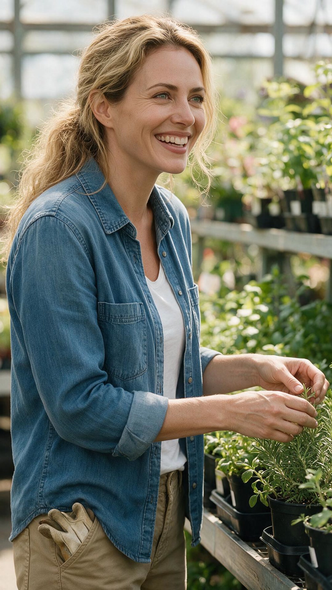 Jade wearing a blue denim button-up shirt over a white t-shirt and tan pants, smiling while tending to potted herb plants on a shelf inside a greenhouse or garden center.