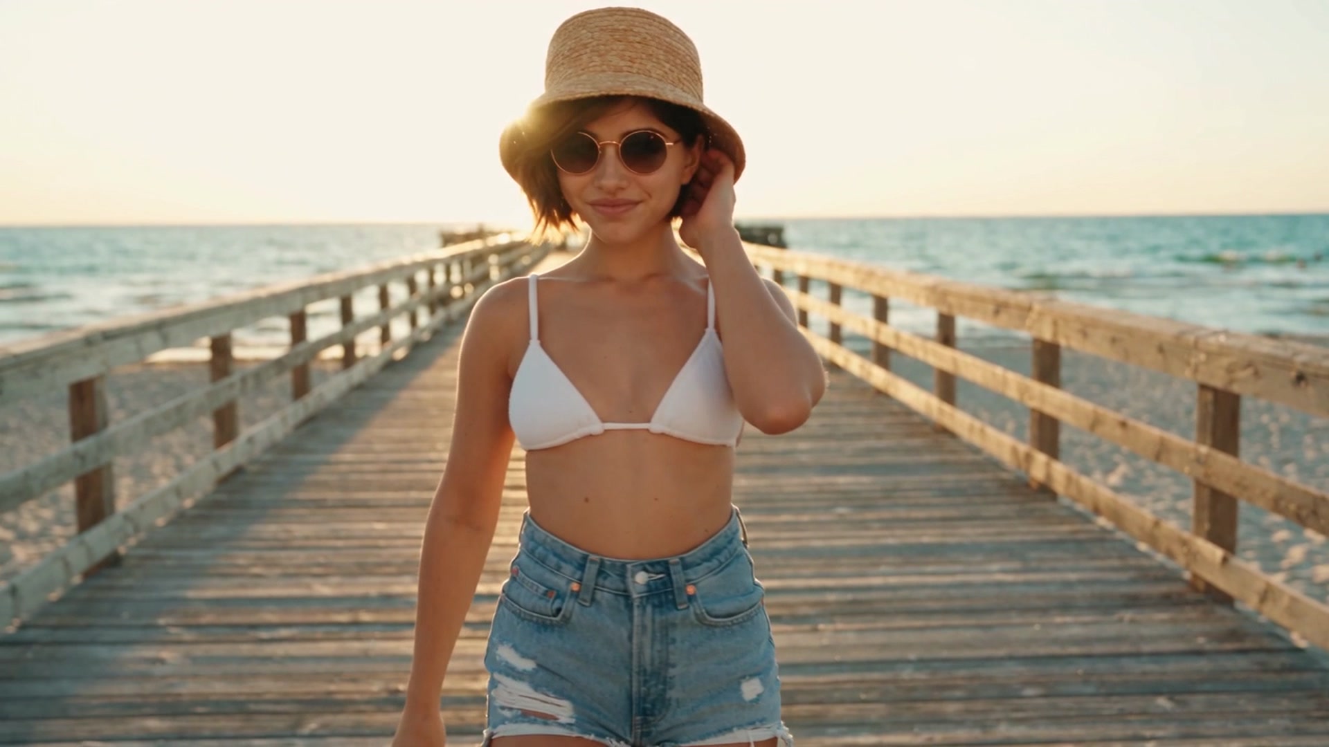 Sofia walking along a wooden beach pier at sunset, wearing a white triangle bikini top, high-waisted denim shorts, a straw bucket hat, and round sunglasses pushed up with one hand.