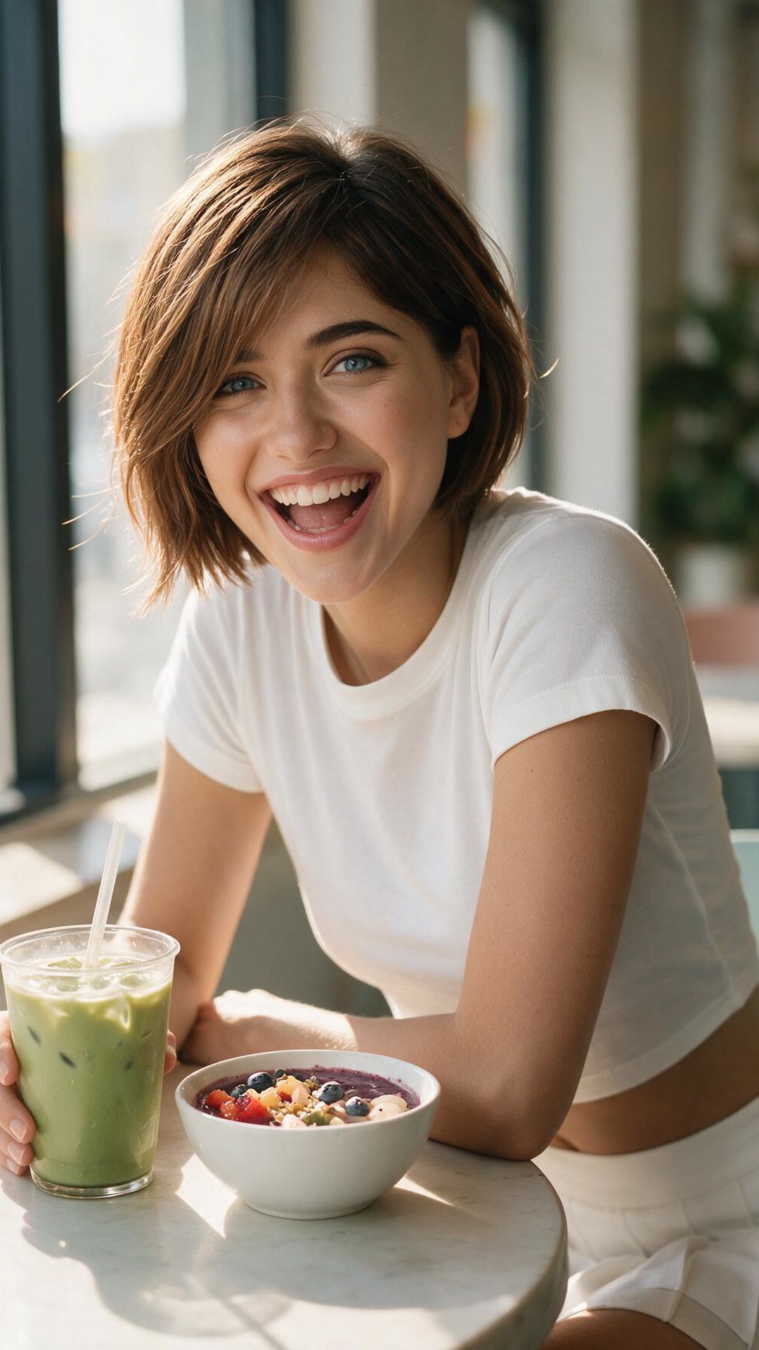 Sofia — She drops the curated version fast once you're watching. wearing a woven straw sun hat and a white halter bikini top, holding round sunglasses partway down her nose, standing outdoors at a beach railing at sunset with the ocean behind her.