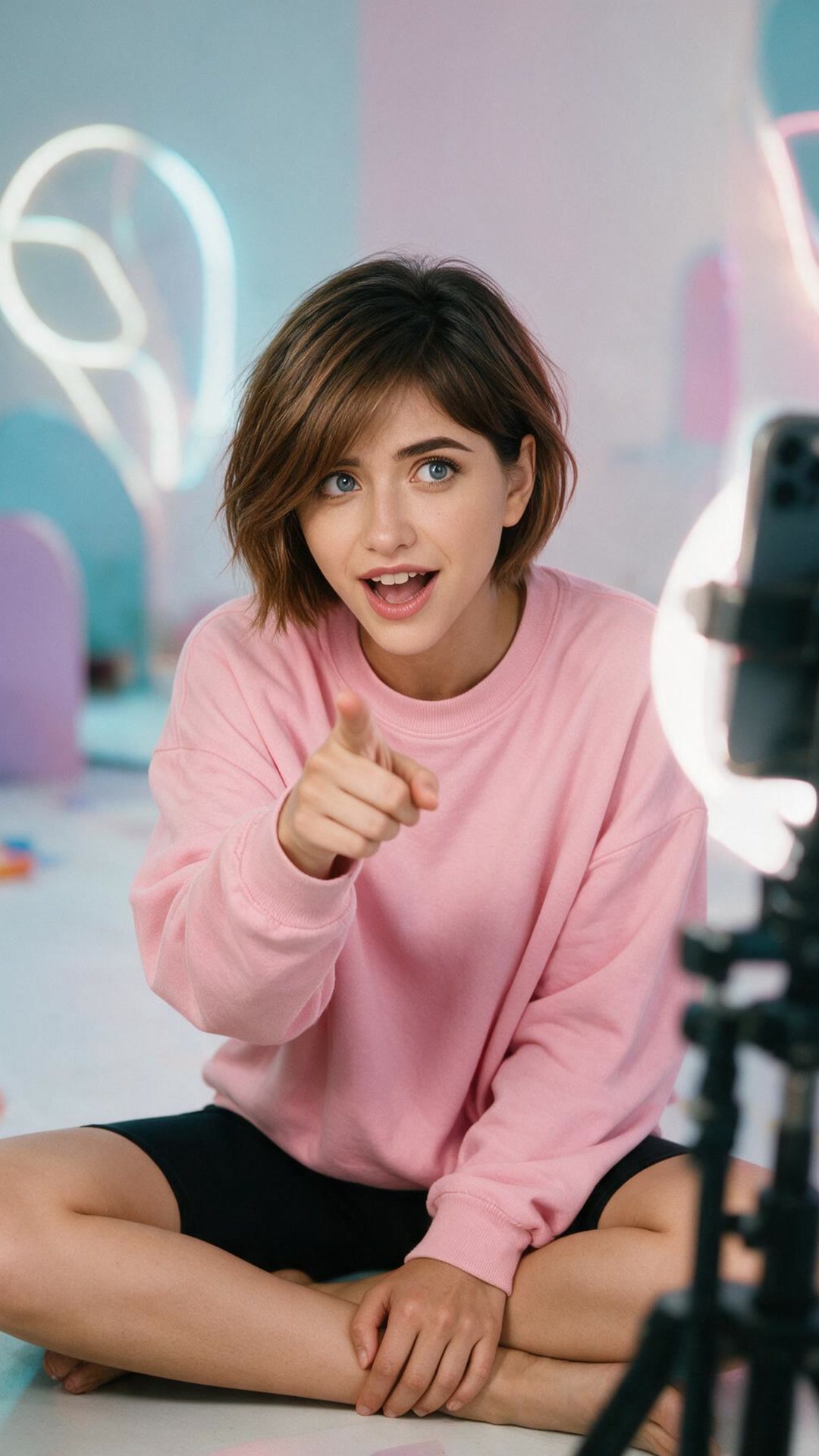 Sofia wearing an oversized pink crewneck sweatshirt and black shorts, sitting cross-legged on the floor pointing toward the camera, with a ring light and phone on a tripod beside her and neon light decor in the background.