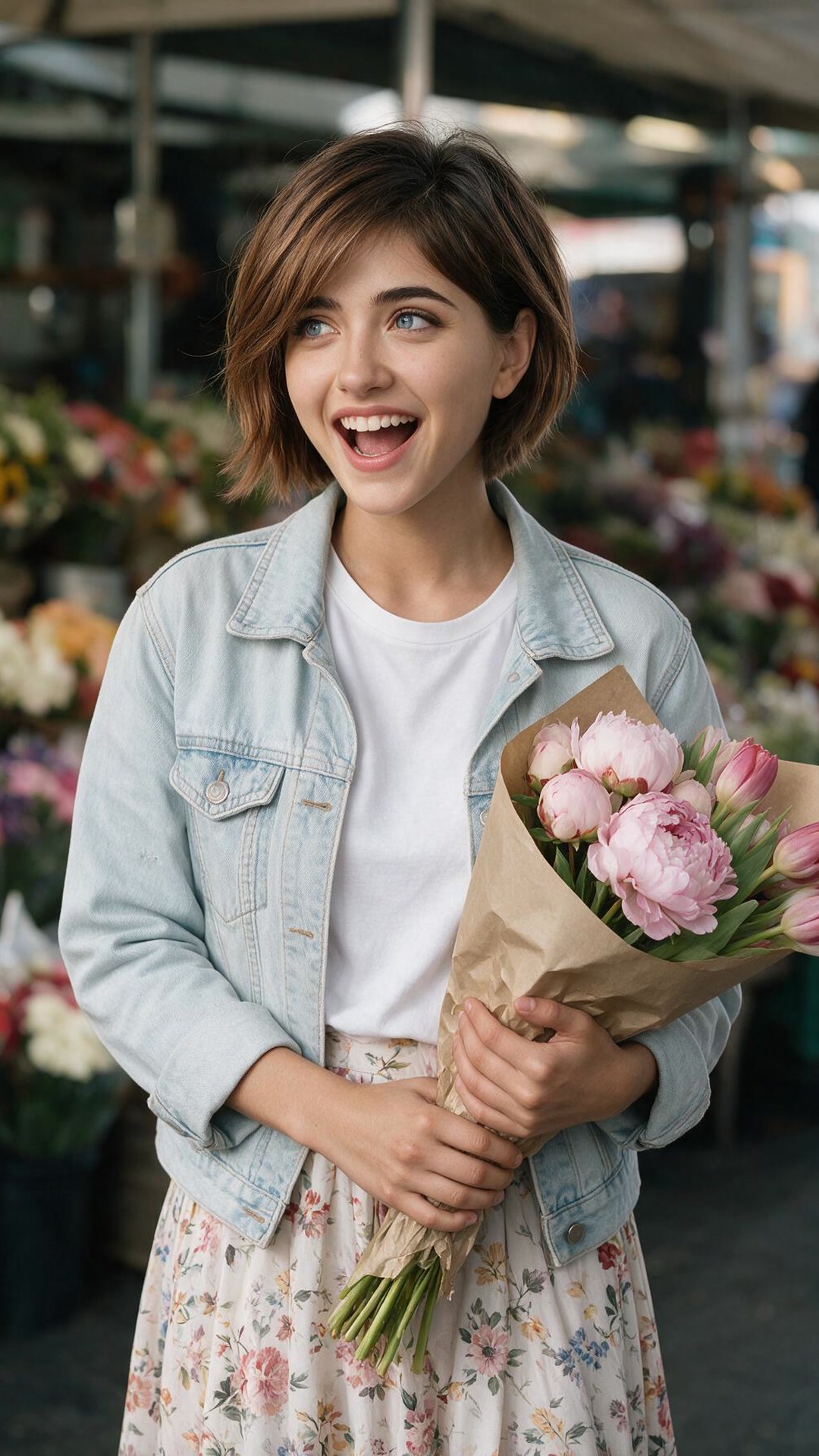 Sofia wearing a light denim jacket over a white t-shirt and a floral midi skirt, smiling and looking to the side while holding a paper-wrapped bouquet of pink peonies and tulips at an outdoor flower market.