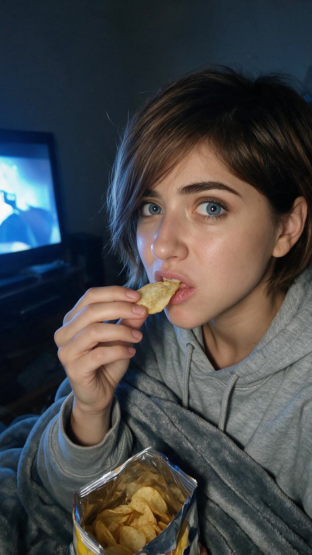 Sofia — one hand for chips, one hand for the remote, perfect night